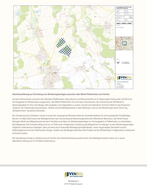 Absichtserklärung zur Errichtung von Windenergieanlagen zwischen dem Markt Pfaffenhofen und VenSol